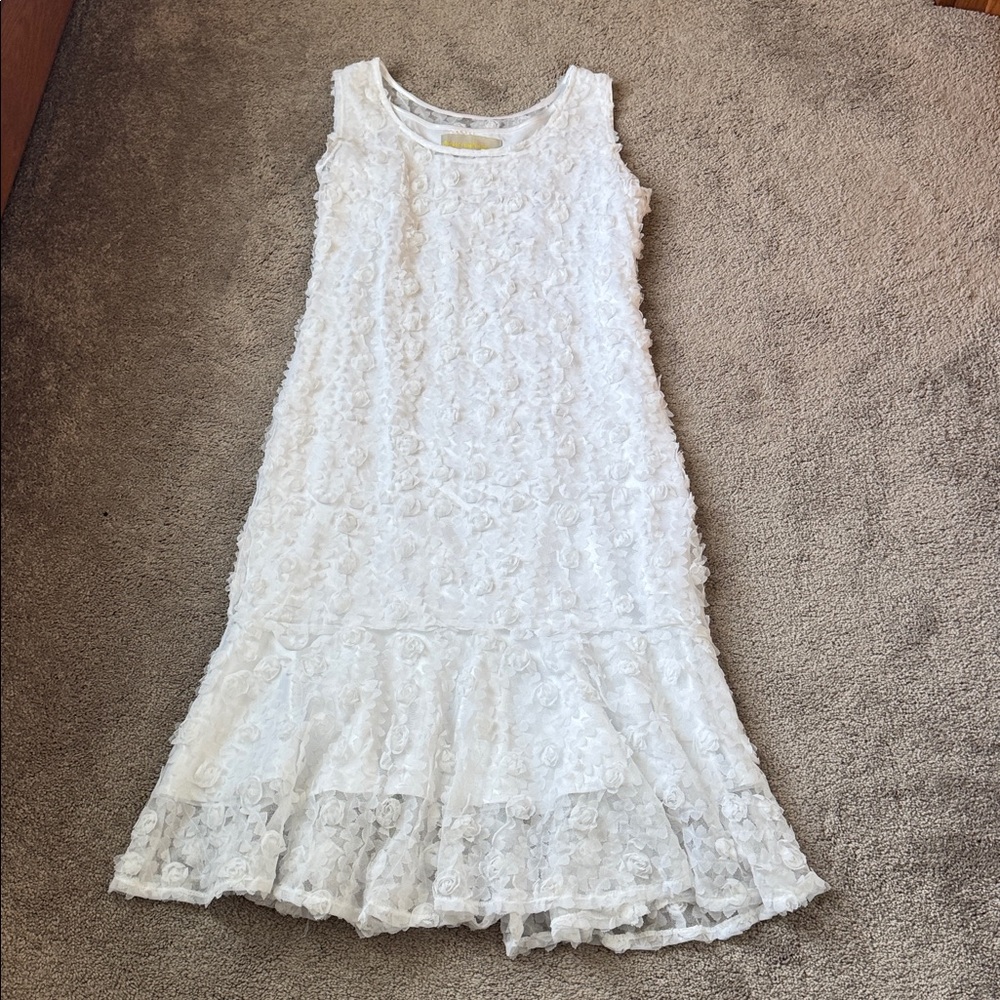 Dresses by Nubiano White 3D Floral Rosette Dress & Shrug Bolero Set Size 14 - Picture 2 of 11